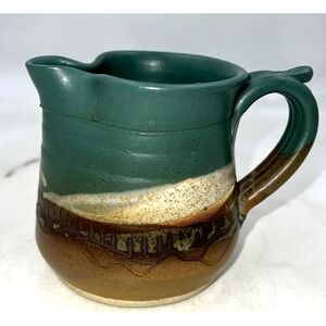 Vintage Studio Pottery Pitcher Creamer Green Tan Aztec Etched Signed Ceramic